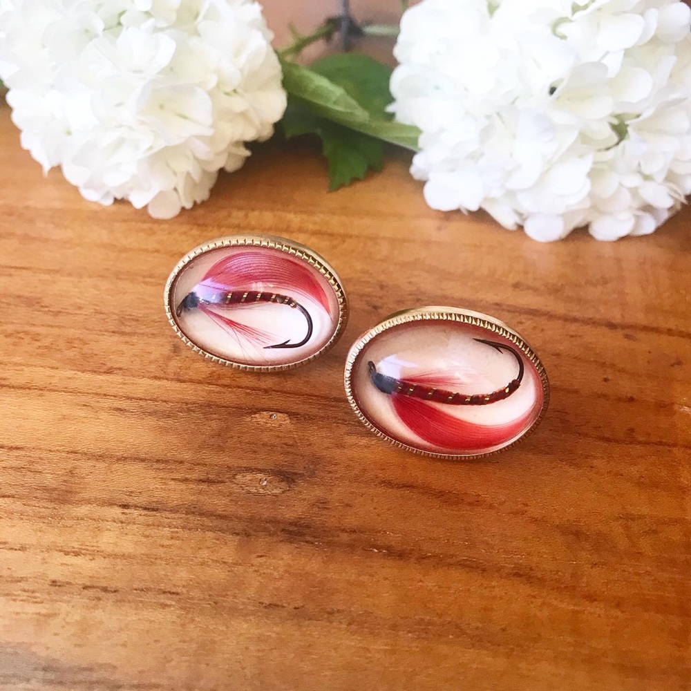 1950’s Anson Fly Fishing Tie Bar Cuff Links Set Gem